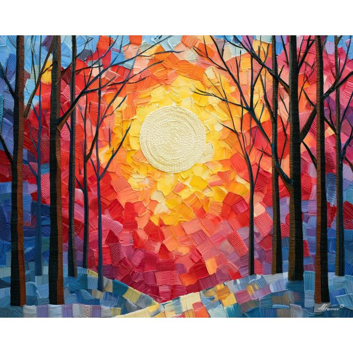 patchwork sun, ignites inkwater, patchwork sun ignites inkwater art, textured wall art, minimal detail art, afremov inspired, stitched landscape, cozy wall decor, soft color art, fiber landscape art
