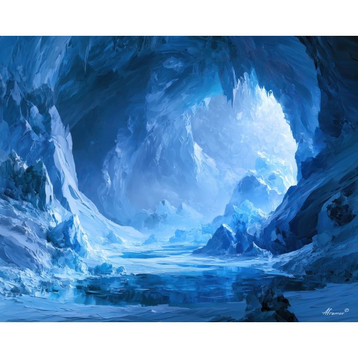 polar cave, dances pearlfog, polar cave dances pearlfog art, icy abstract art, minimal detail art, afremov inspired, textured oil painting, calm decor art, frozen landscape, cool blue art