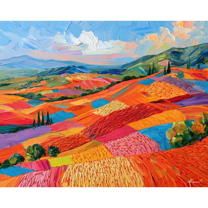 woolen valley, slips coralnoise, woolen valley slips coralnoise art, fiber landscape art, crochet inspired art, patchwork painting, palette knife art, thick brush strokes, handmade decor, textured wall art
