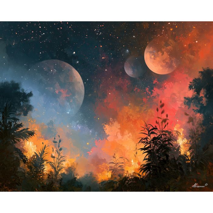 nebula greenhouse, presses opaldusk, nebula greenhouse presses opaldusk art, celestial wall art, moon garden art, whimsical painting, palette knife art, thick brush strokes, dreamy sky art, glowing decor