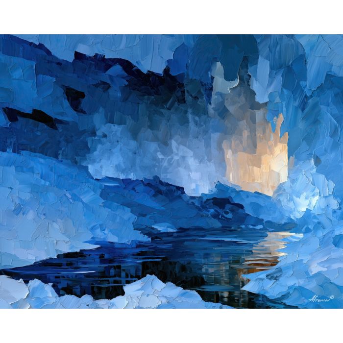 iceglass cave, crosses goldshadow, iceglass cave crosses goldshadow art, textured oil painting, calm decor art, frozen landscape, cool blue art, glacier painting, mineral landscape, palette knife art