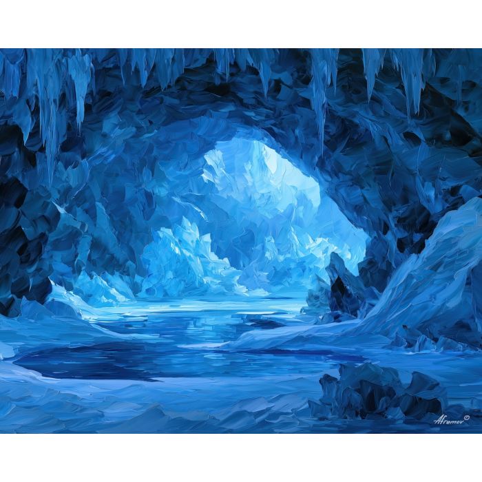 silverfrost cave, catches sunmirror, silverfrost cave catches sunmirror art, icy abstract art, minimal detail art, afremov inspired, textured oil painting, calm decor art, frozen landscape, cool blue art
