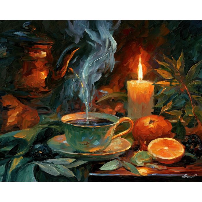 sage teacup, pours blueember, sage teacup pours blueember art, palette knife art, thick brush strokes, moody wall art, candlelit painting, minimal detail art, afremov inspired, kitchen wall art