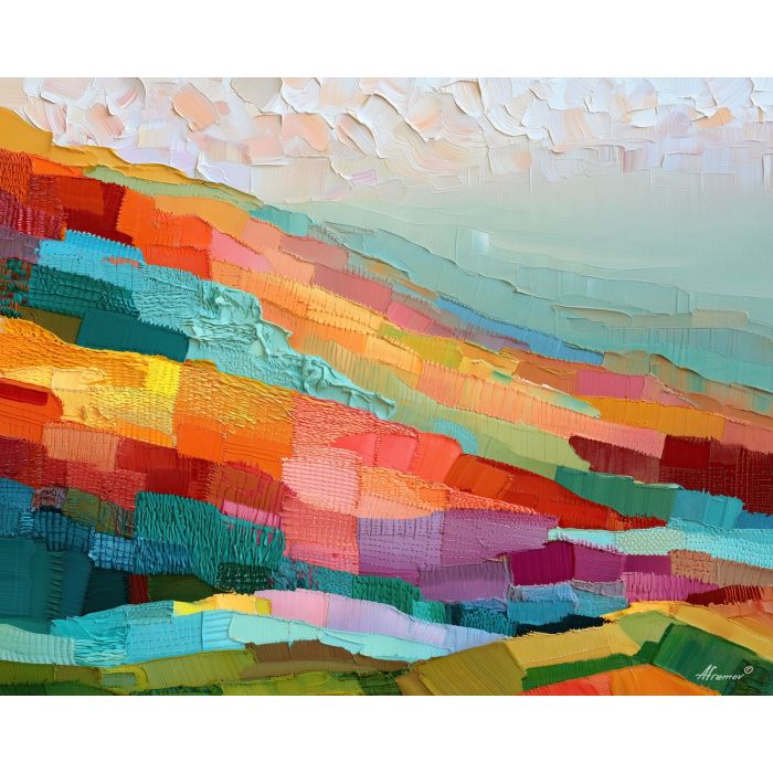 fabric hill, fades pearlfog, fabric hill fades pearlfog art, textured wall art, minimal detail art, afremov inspired, stitched landscape, cozy wall decor, soft color art, fiber landscape art