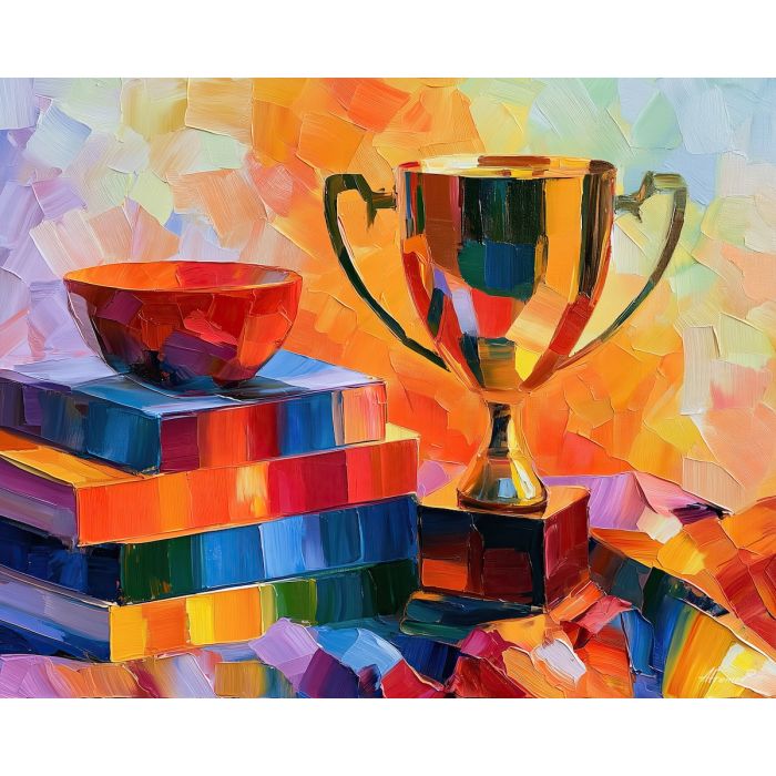 bright trophy, kindles inkwater, bright trophy kindles inkwater art, palette knife art, thick brush strokes, bright wall decor, gallery wall art, minimal detail art, afremov inspired, colorful home art