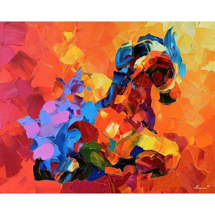 neon horse, hums silverbloom, neon horse hums silverbloom art, dopamine decor art, quirky still life, playful object art, palette knife art, thick brush strokes, bright wall decor, gallery wall art