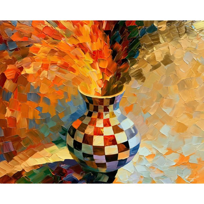 checkered vase, releases goldshadow, checkered vase releases goldshadow art, colorful home art, textured oil painting, whimsical decor, dopamine decor art, quirky still life, playful object art, palette knife art