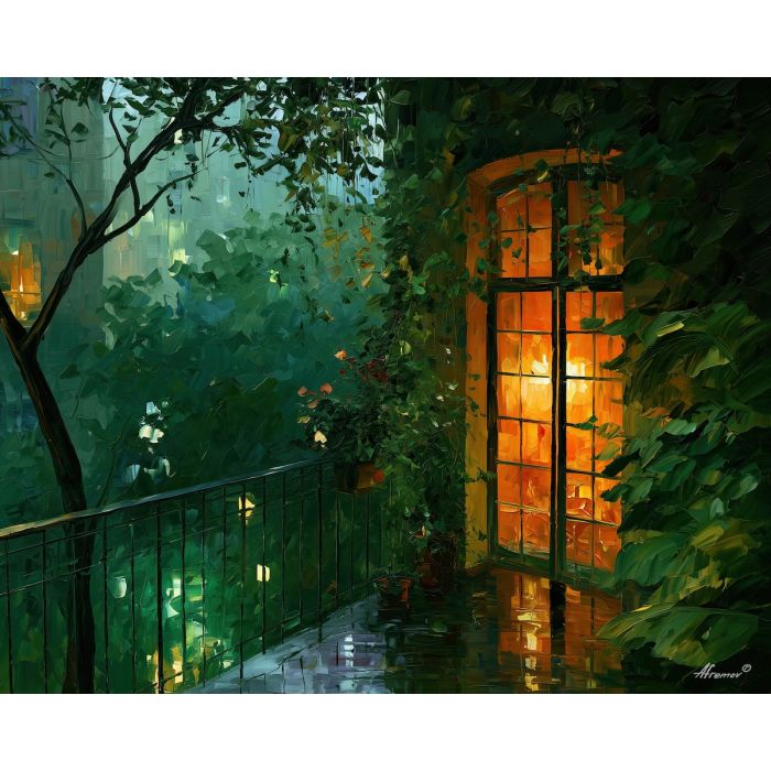 skyherb fireescape, glimmers rustsong, skyherb fireescape glimmers rustsong art, city garden painting, minimal detail art, afremov inspired, plant wall art, textured oil painting, cozy urban art, urban plant art