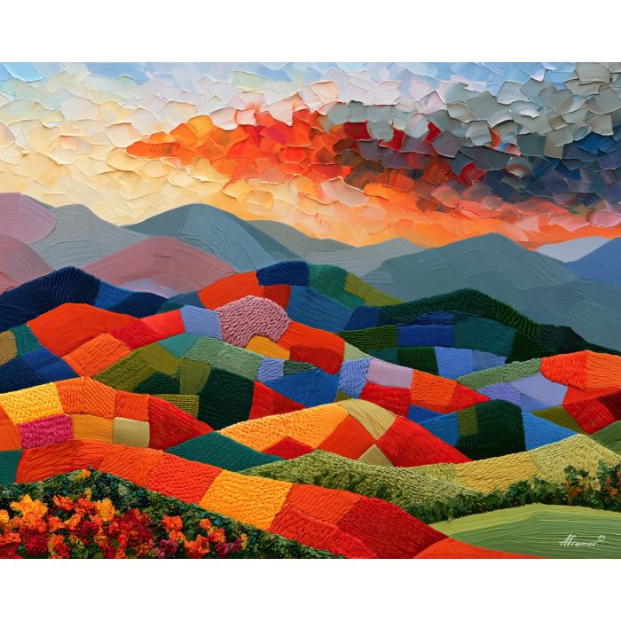 needlepoint hill, folds silkthunder, needlepoint hill folds silkthunder art, fiber landscape art, crochet inspired art, patchwork painting, palette knife art, thick brush strokes, handmade decor, textured wall art