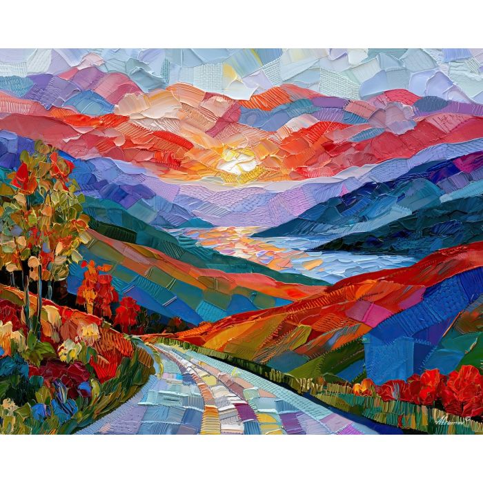 fabric valley, guards frostorbit, fabric valley guards frostorbit art, textured wall art, minimal detail art, afremov inspired, stitched landscape, cozy wall decor, soft color art, fiber landscape art