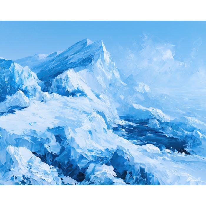 silverfrost ridge, glimmers cloudhoney, silverfrost ridge glimmers cloudhoney art, cool blue art, glacier painting, mineral landscape, palette knife art, thick brush strokes, blue wall decor, icy abstract art