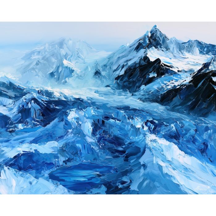 glacier basin, dances copperhush, glacier basin dances copperhush art, textured oil painting, calm decor art, frozen landscape, cool blue art, glacier painting, mineral landscape, palette knife art