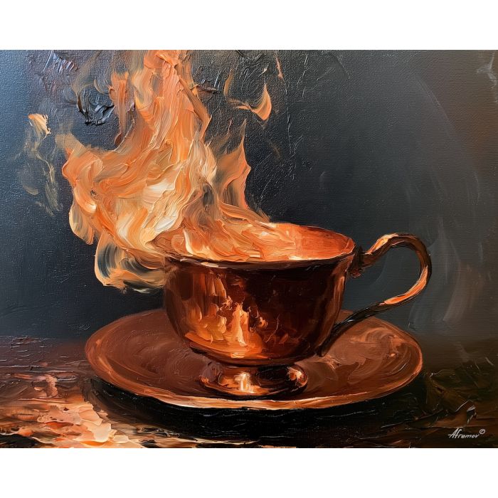 copper teacup, bends shellfire, copper teacup bends shellfire art, palette knife art, thick brush strokes, moody wall art, candlelit painting, minimal detail art, afremov inspired, kitchen wall art