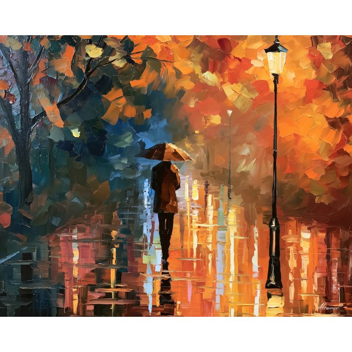 lantern profile, melts copperhush, lantern profile melts copperhush art, palette knife art, thick brush strokes, rain figure art, faceless portrait, minimal detail art, afremov inspired, mysterious wall art