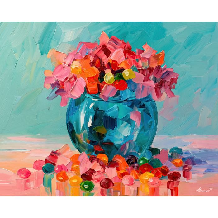 candy vase, floods jadeweather, candy vase floods jadeweather art, palette knife art, thick brush strokes, bright wall decor, gallery wall art, minimal detail art, afremov inspired, colorful home art