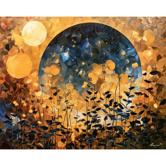 eclipse window, blooms quietgold, eclipse window blooms quietgold art, palette knife art, thick brush strokes, dreamy sky art, glowing decor, minimal detail art, afremov inspired, starry wall art
