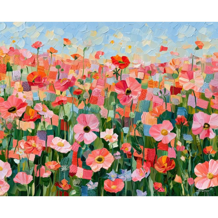 crochet meadow, coralglow stitch, crochet meadow coralglow art, palette knife art, thick brush strokes, textile landscape, bright wall decor, minimal detail art, afremov inspired, handmade style art