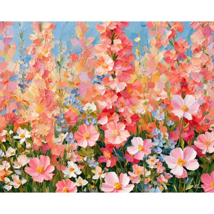 mended garden, coralglow stitch, mended garden coralglow art, soft stitch art, flower field art, crochet inspired art, palette knife art, thick brush strokes, textile landscape, bright wall decor