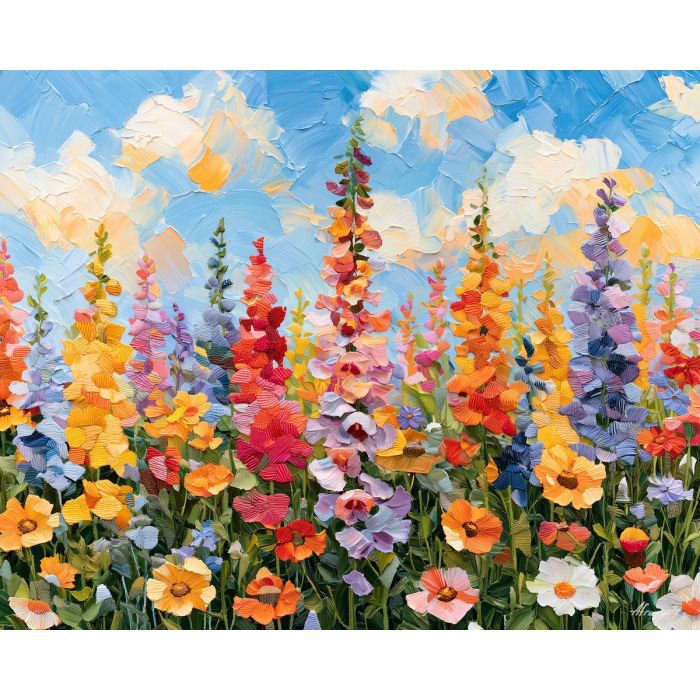 sunfield sunlace, thread stitch, sunfield of sunlace art, handmade style art, colorful meadow art, textured oil art, soft stitch art, flower field art, crochet inspired art, palette knife art