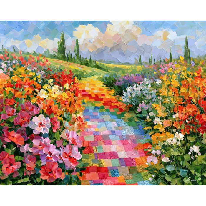 quilted mangoair, garden stitch, quilted mangoair garden art, palette knife art, thick brush strokes, textile landscape, bright wall decor, minimal detail art, afremov inspired, handmade style art