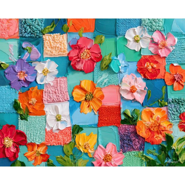 fabric garden, aquahoney stitch, fabric garden aquahoney art, soft stitch art, flower field art, crochet inspired art, palette knife art, thick brush strokes, textile landscape, bright wall decor