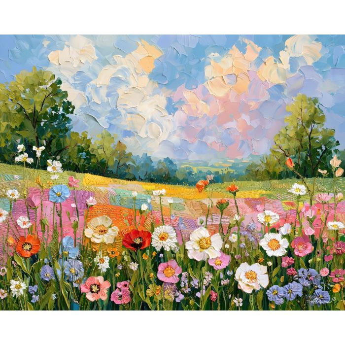 pastelrain beside, quilted meadow, pastelrain beside quilted meadow art, handmade style art, colorful meadow art, textured oil art, soft stitch art, flower field art, crochet inspired art, palette knife art