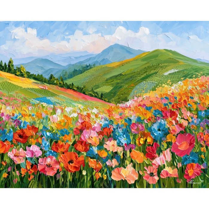 woolen hill, mintglow stitch, woolen hill mintglow art, handmade style art, colorful meadow art, textured oil art, soft stitch art, flower field art, crochet inspired art, palette knife art