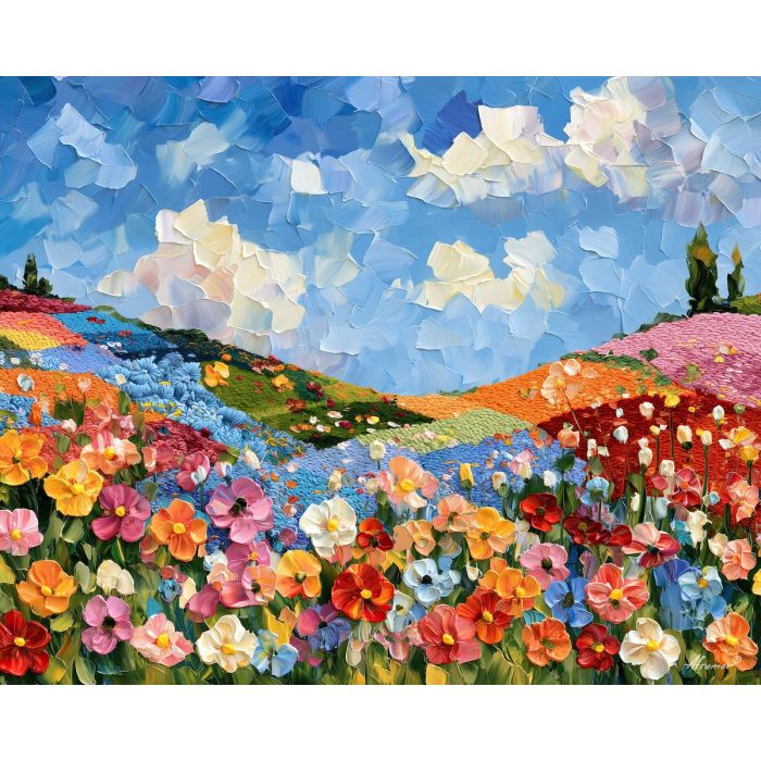 stitched hill, skyconfetti stitch, stitched hill skyconfetti art, soft stitch art, flower field art, crochet inspired art, palette knife art, thick brush strokes, textile landscape, bright wall decor