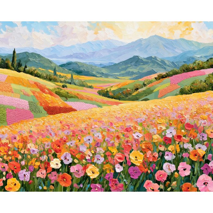 stitched valley, sorbetlight stitch, stitched valley sorbetlight art, palette knife art, thick brush strokes, textile landscape, bright wall decor, minimal detail art, afremov inspired, handmade style art