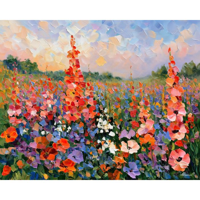 needlepoint coralsky, meadow stitch, needlepoint coralsky meadow art, bright wall decor, minimal detail art, afremov inspired, handmade style art, colorful meadow art, textured oil art, soft stitch art