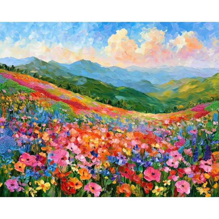 needlepoint valley, rainbowhush stitch, needlepoint valley in rainbowhush art, soft stitch art, flower field art, crochet inspired art, palette knife art, thick brush strokes, textile landscape, bright wall decor