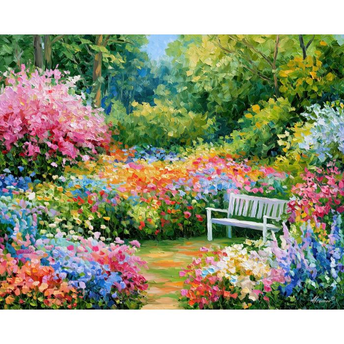 needlepoint pearlday, garden stitch, needlepoint pearlday garden art, palette knife art, thick brush strokes, textile landscape, bright wall decor, minimal detail art, afremov inspired, handmade style art