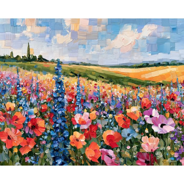 quilted sunfield, berrybreeze stitch, quilted sunfield berrybreeze art, handmade style art, colorful meadow art, textured oil art, soft stitch art, flower field art, crochet inspired art, palette knife art