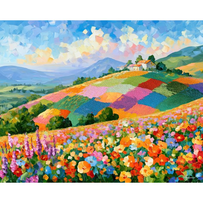 needlepoint hill, mangoair stitch, needlepoint hill mangoair art, soft stitch art, flower field art, crochet inspired art, palette knife art, thick brush strokes, textile landscape, bright wall decor
