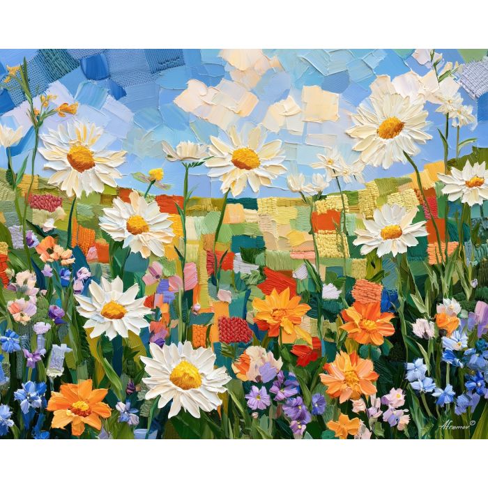 daisysky over, stitched garden, daisysky over stitched garden art, bright wall decor, minimal detail art, afremov inspired, handmade style art, colorful meadow art, textured oil art, soft stitch art