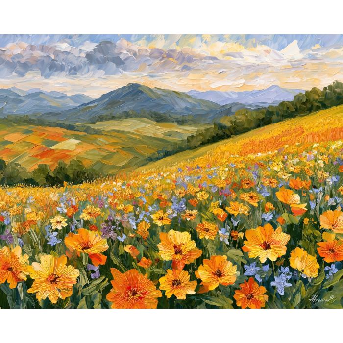 stitched sunripple, sunfield stitch, stitched sunripple sunfield art, handmade style art, colorful meadow art, textured oil art, soft stitch art, flower field art, crochet inspired art, palette knife art