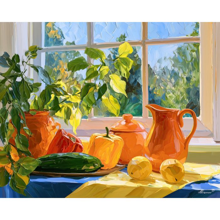 lemon window, candysky garden, lemon window candysky art, colorful still life, summer kitchen art, textured oil art, cabbage crush art, garden kitchen art, vegetable still life, palette knife art