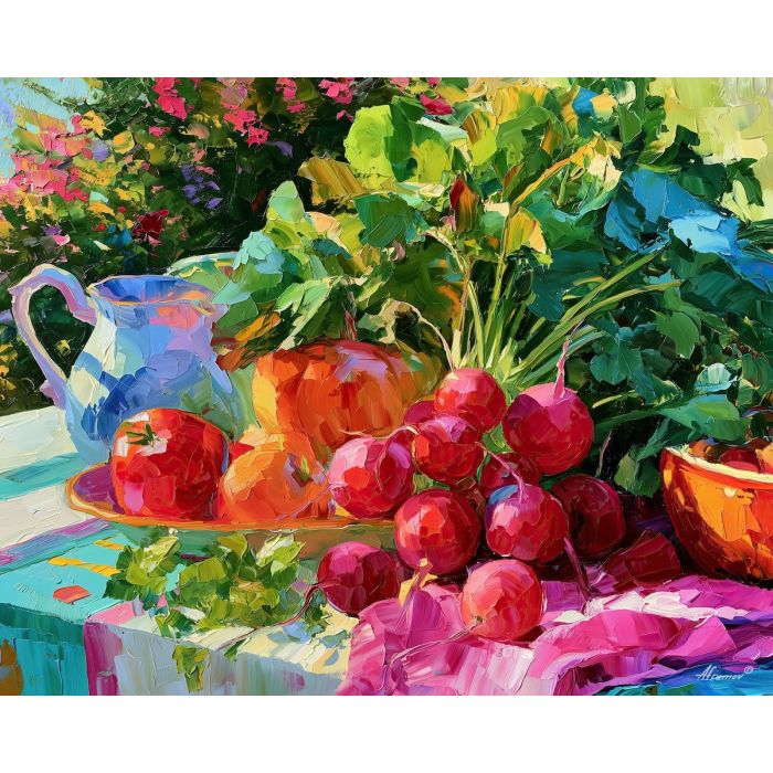 radish aquabloom, table garden, radish aquabloom table art, cabbage crush art, garden kitchen art, vegetable still life, palette knife art, thick brush strokes, bright kitchen decor, food wall art