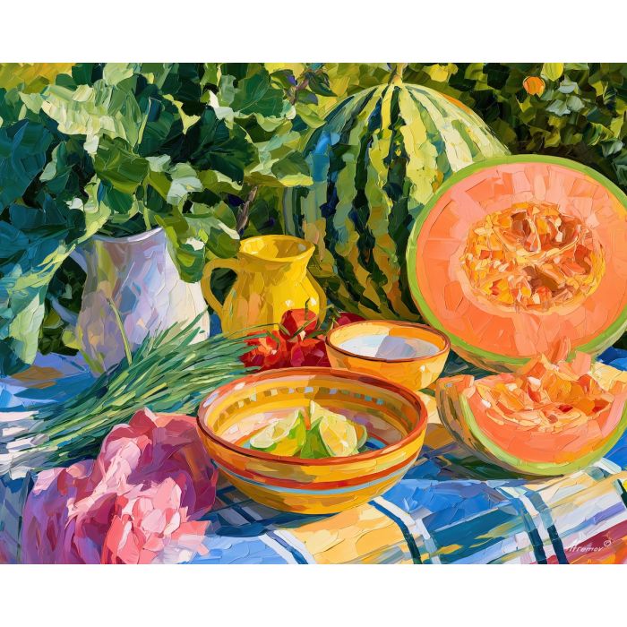 chive morningmelon, table garden, chive morningmelon table art, cabbage crush art, garden kitchen art, vegetable still life, palette knife art, thick brush strokes, bright kitchen decor, food wall art