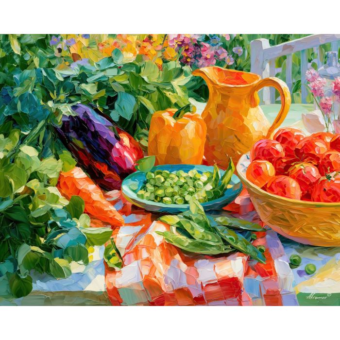 pea picnic, mintglow garden, pea picnic mintglow art, food wall art, minimal detail art, afremov inspired, colorful still life, summer kitchen art, textured oil art, cabbage crush art