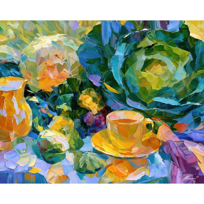 cabbage garden, pearlday table, cabbage garden pearlday art, cabbage crush art, garden kitchen art, vegetable still life, palette knife art, thick brush strokes, bright kitchen decor, food wall art