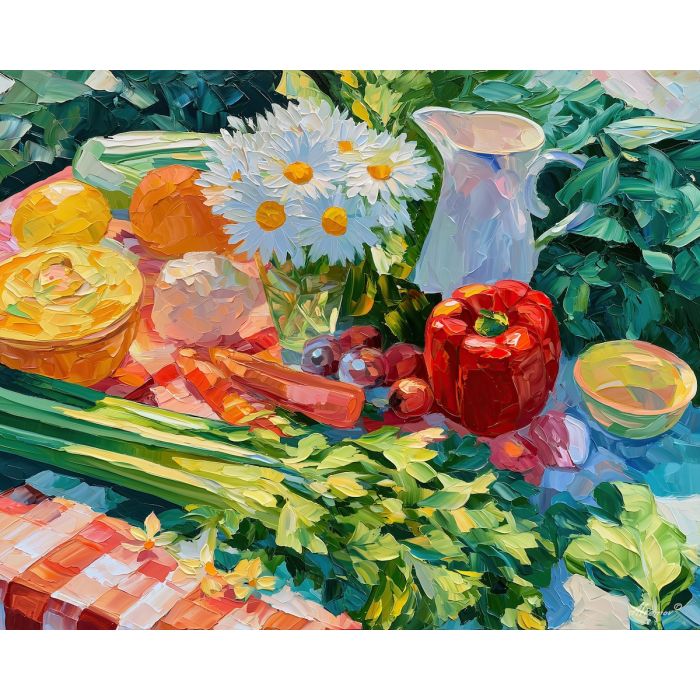 daisylight beside, celery table, daisylight beside celery table art, palette knife art, thick brush strokes, bright kitchen decor, food wall art, minimal detail art, afremov inspired, colorful still life