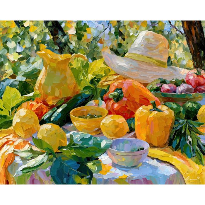 lemon picnic, rosewind garden, lemon picnic at rosewind art, food wall art, minimal detail art, afremov inspired, colorful still life, summer kitchen art, textured oil art, cabbage crush art