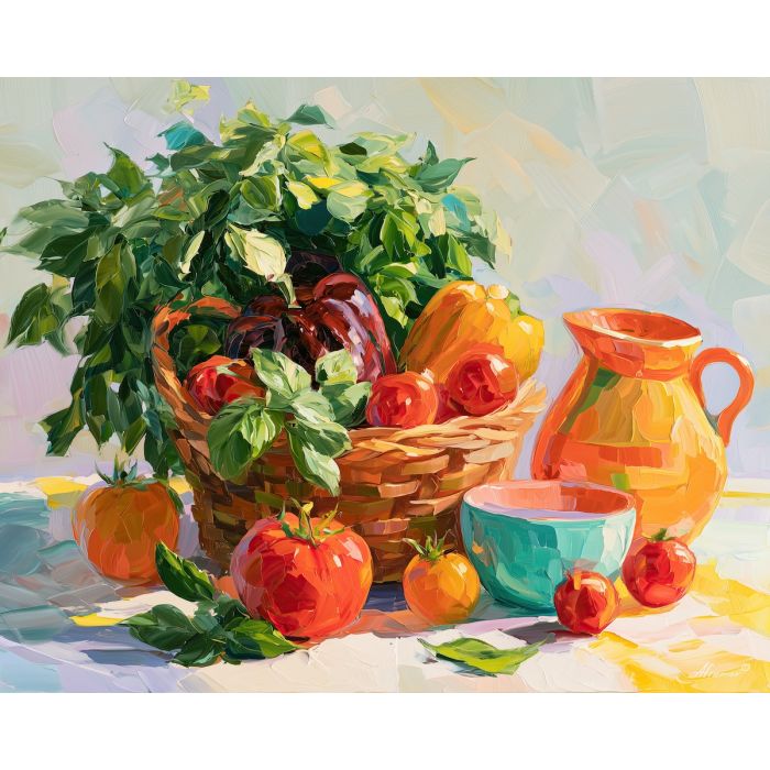 basil aquabloom, basket garden, basil aquabloom basket art, colorful still life, summer kitchen art, textured oil art, cabbage crush art, garden kitchen art, vegetable still life, palette knife art