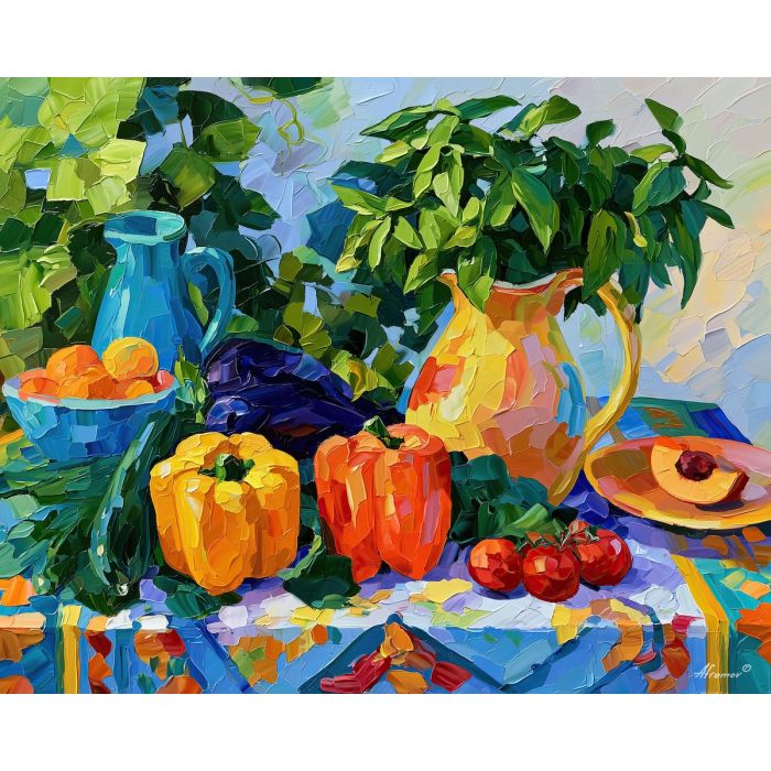 basil garden, peachbreeze table, basil garden peachbreeze art, palette knife art, thick brush strokes, bright kitchen decor, food wall art, minimal detail art, afremov inspired, colorful still life