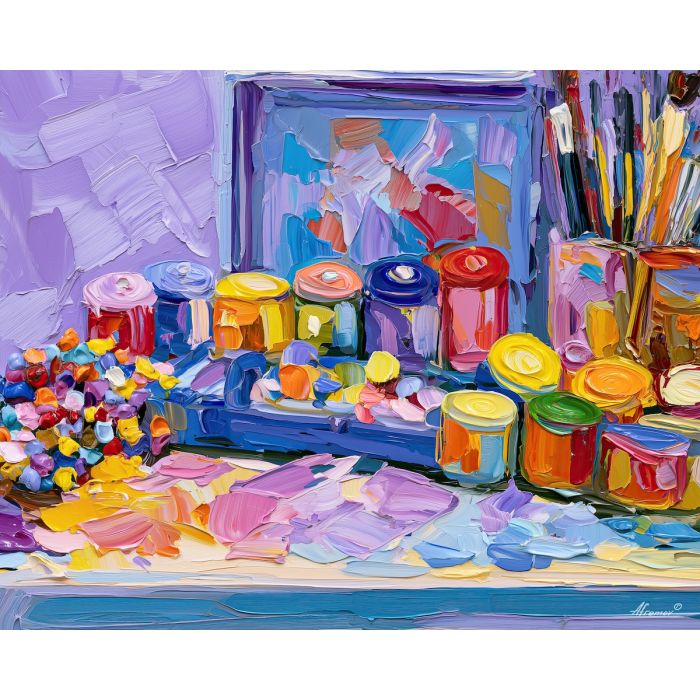 paintbox corner, lavenderday whimsical, paintbox corner in lavenderday art, colorful home art, hobby room art, textured oil art, whimsical hobby art, craft table art, playful still life, palette knife art