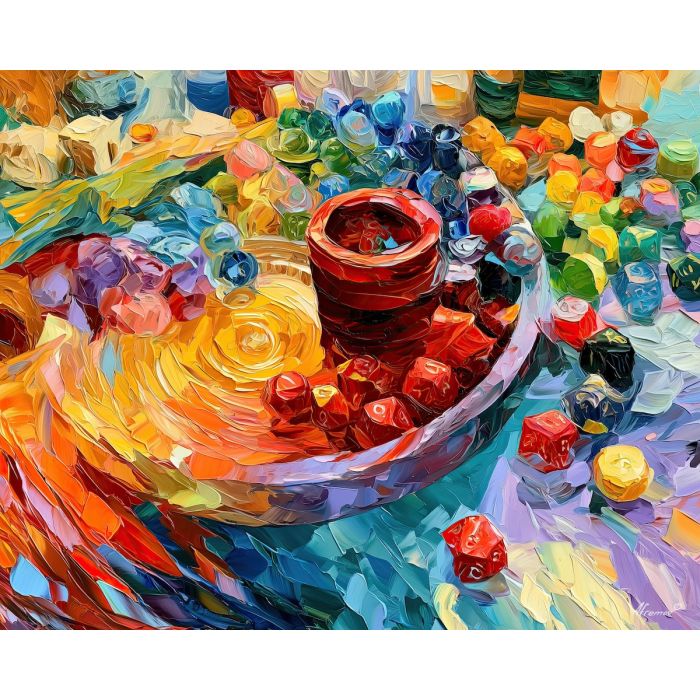 dice tray, sunripple whimsical, dice tray sunripple art, bright wall decor, minimal detail art, afremov inspired, colorful home art, hobby room art, textured oil art, whimsical hobby art