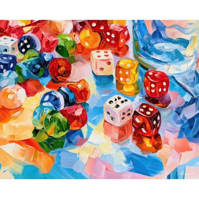 dice table, summerglass whimsical, dice table summerglass art, colorful home art, hobby room art, textured oil art, whimsical hobby art, craft table art, playful still life, palette knife art