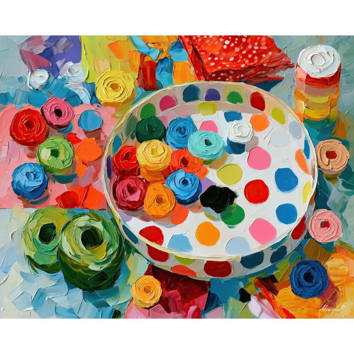polkadot tray, rainbowhush whimsical, polkadot tray rainbowhush art, bright wall decor, minimal detail art, afremov inspired, colorful home art, hobby room art, textured oil art, whimsical hobby art
