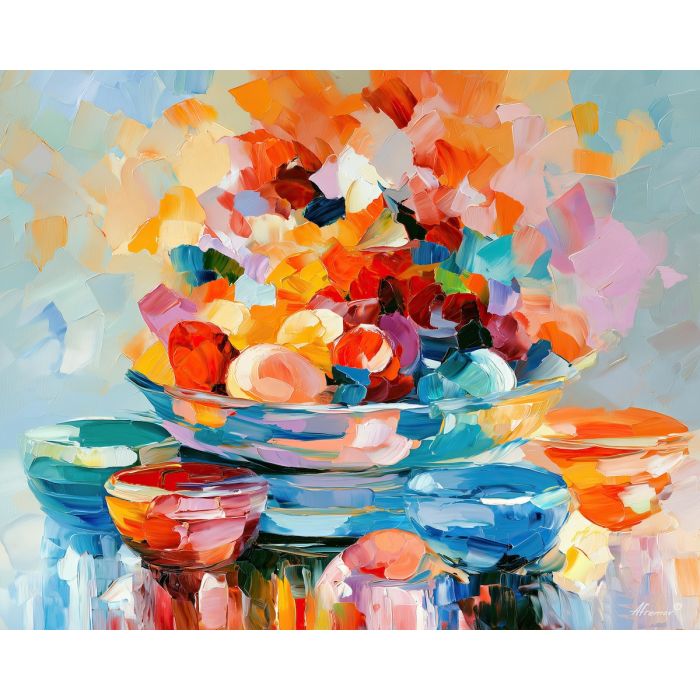 craft bowl, coralsky whimsical, craft bowl coralsky art, palette knife art, thick brush strokes, dopamine decor art, bright wall decor, minimal detail art, afremov inspired, colorful home art